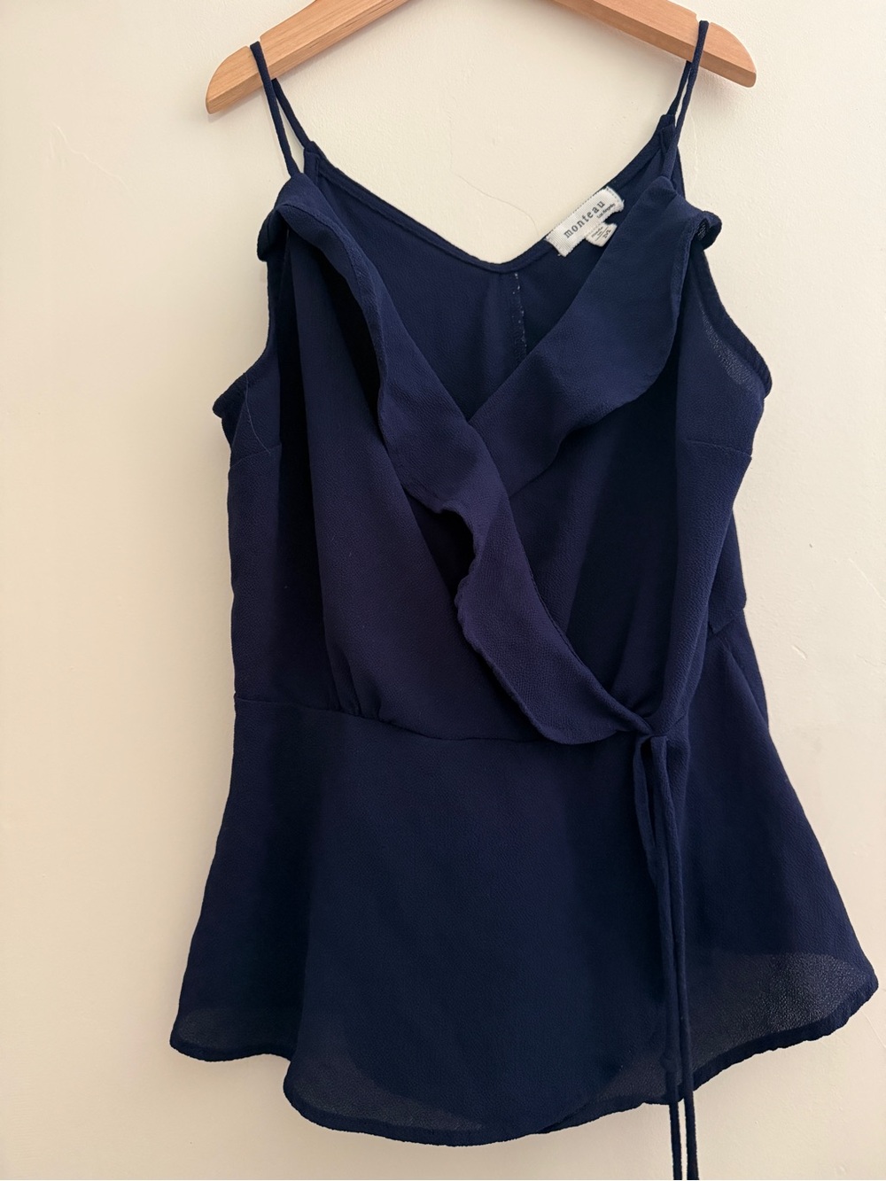 Monteau navy ruffle spaghetti strap tank